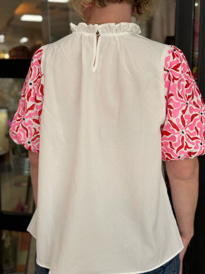 White Blouse with Pink & Red Sleeve Embroidery