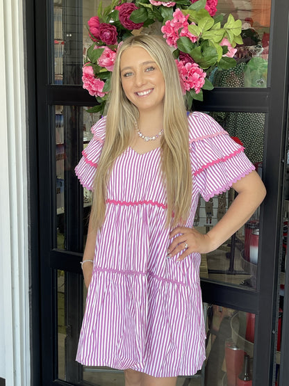 Purple Striped Tiered Dress with ribboning