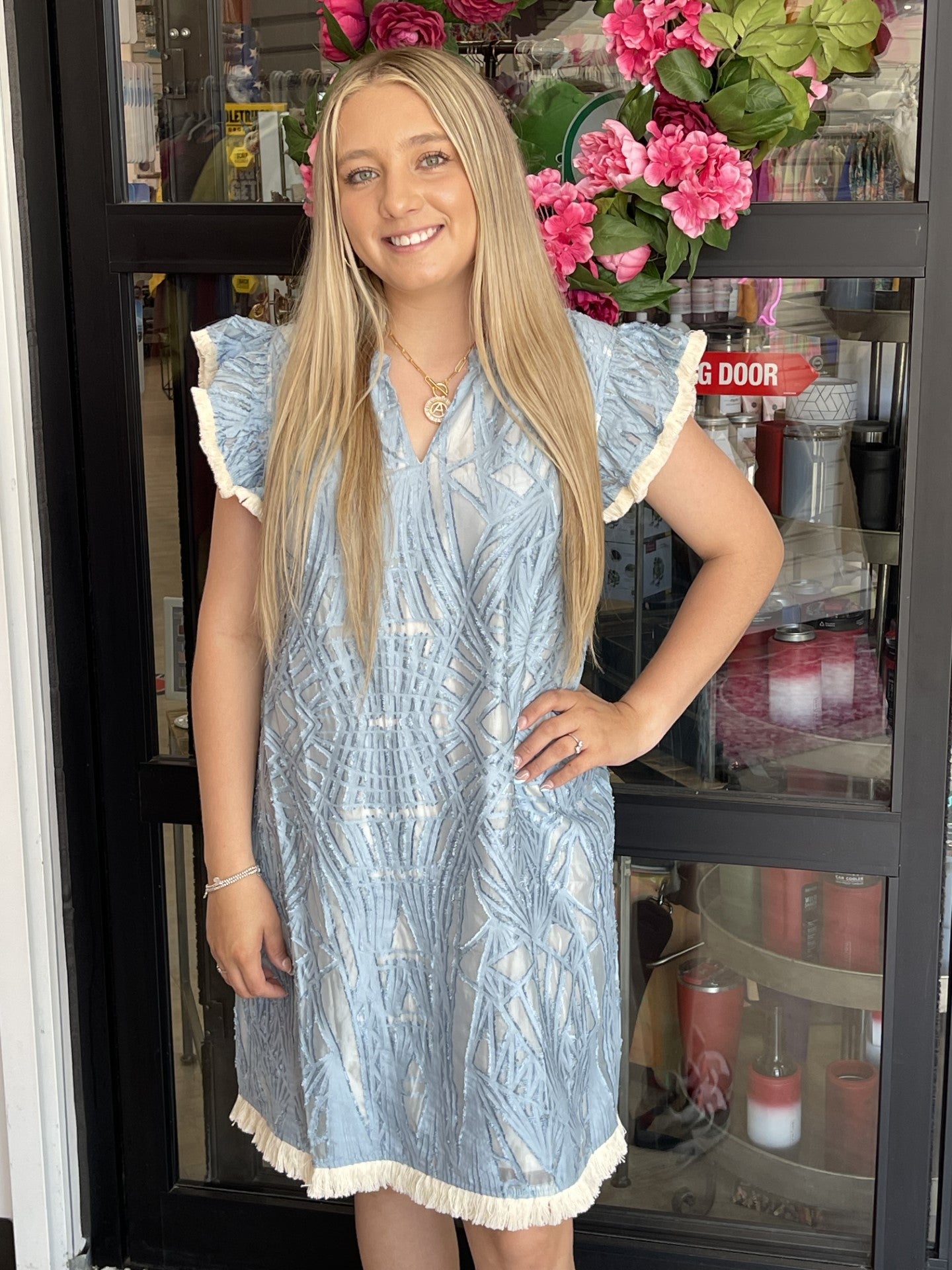 Denim Blue Textured Dress with Fringe