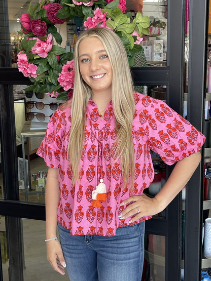 Pink & Red Patterned Blouse