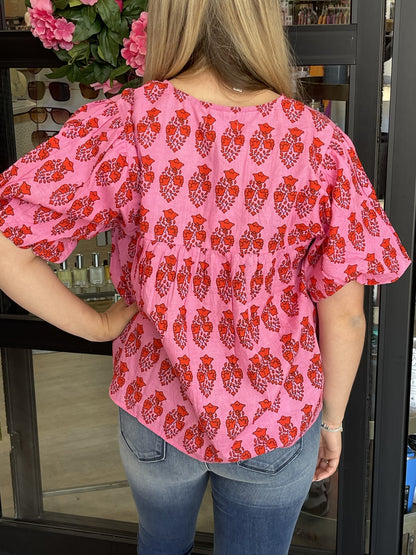 Pink & Red Patterned Blouse