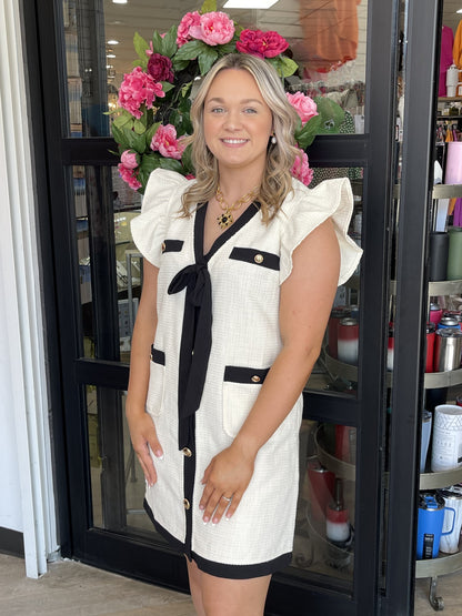 Ivory Tweed-like Dress with Black Detail Bow