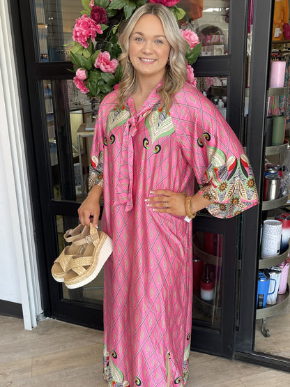 Pink Patterned High Neck Dress