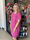 Magenta Ribbed Dress with Front Pocket