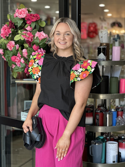 Black Blouse with Embroidered Flutter Sleeves