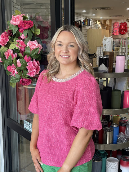 Pink Tweed-like Blouse with Pearl Collar