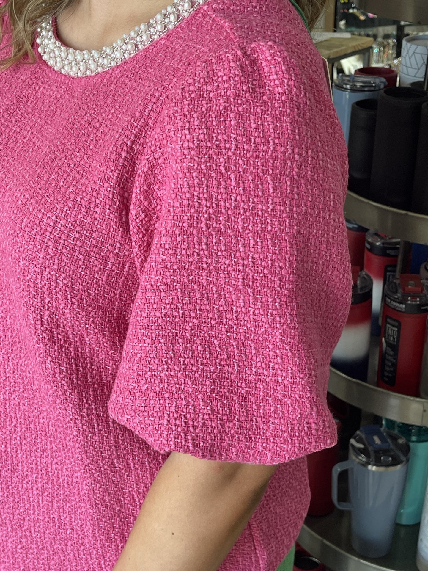Pink Tweed-like Blouse with Pearl Collar