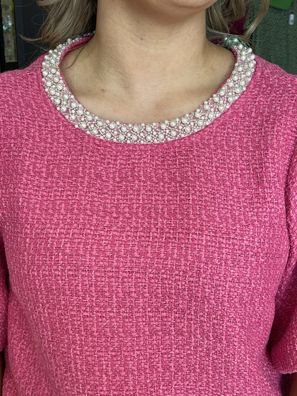 Pink Tweed-like Blouse with Pearl Collar