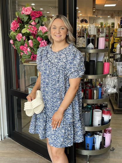 Denim Dress with Cream Floral Embroidery