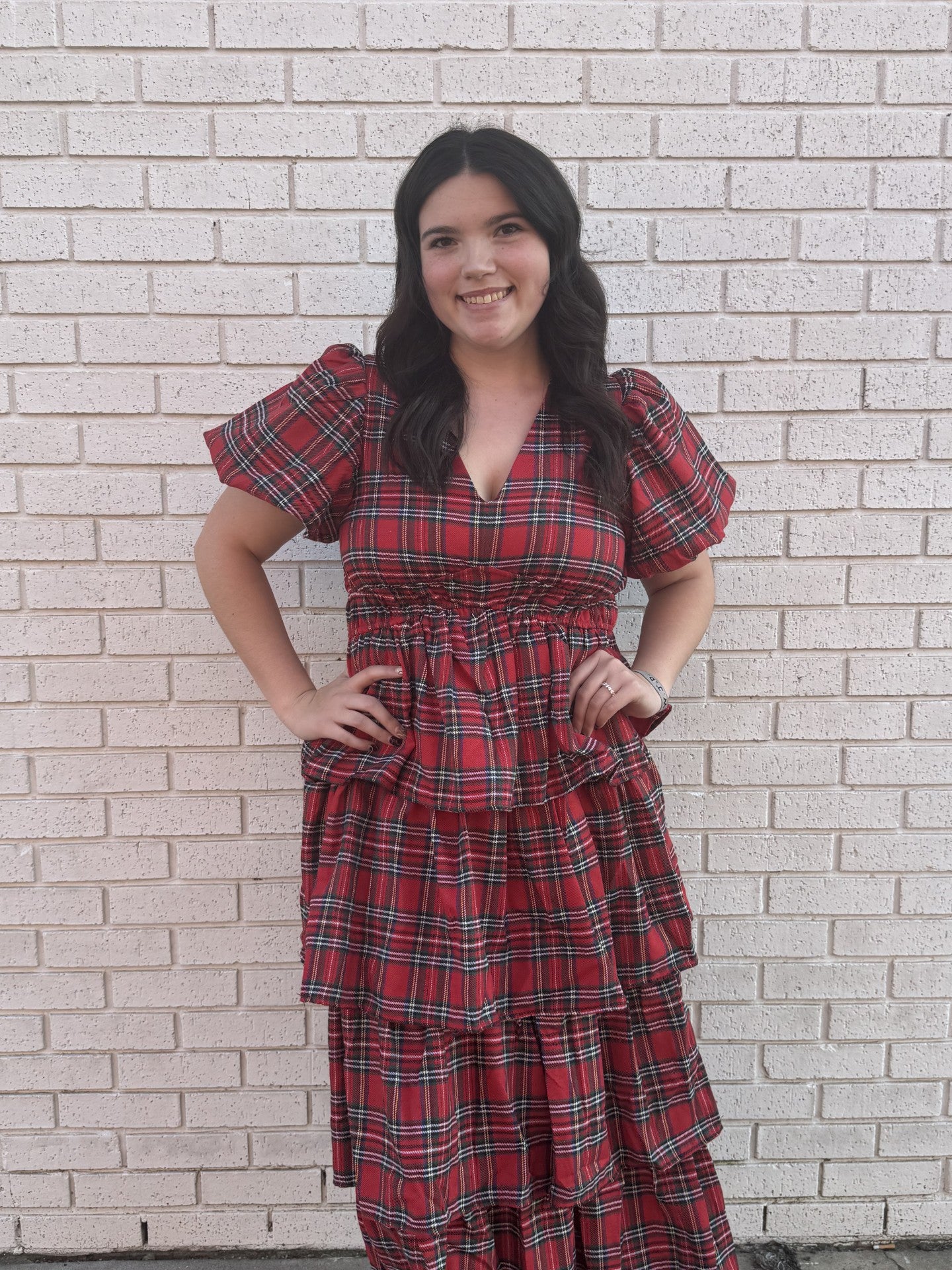 Red Plaid Tiered Maxi Dress