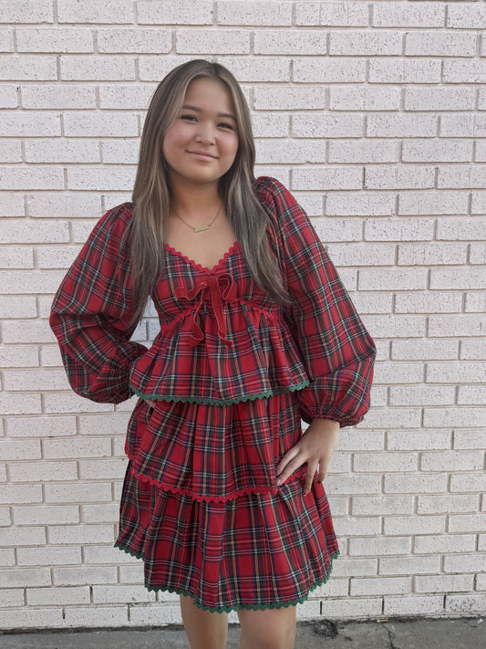 Red Plaid Long Sleeve Scalloped Tiered Dress