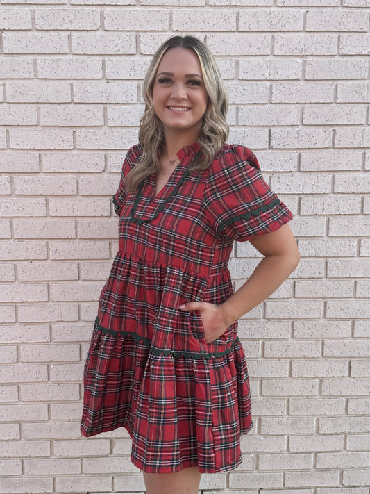 Red Plaid Dress with Green Scalloped Trim