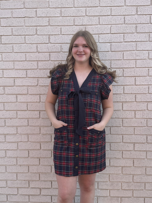 Navy Blue & Red Plaid Dress with Navy Bow Detail