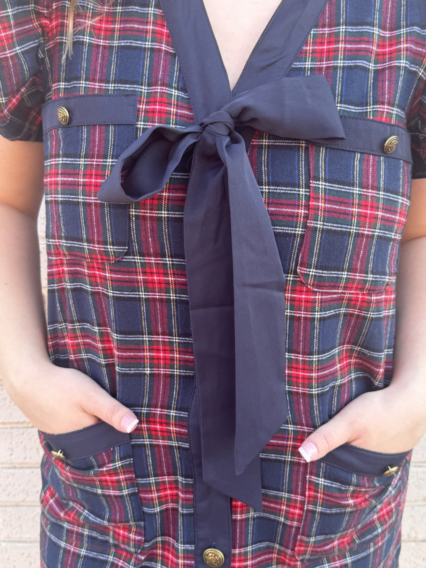 Navy Blue & Red Plaid Dress with Navy Bow Detail