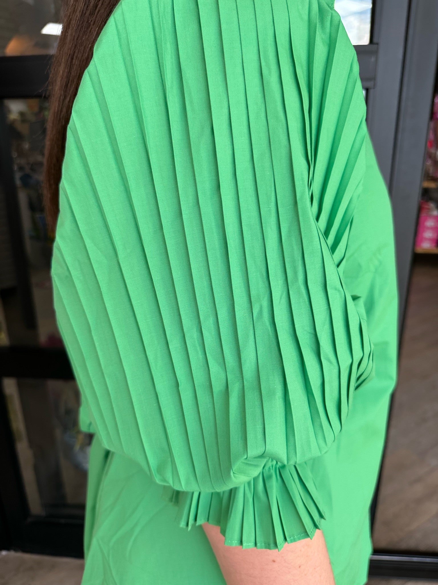 Green Goddess Dress with Pleated Sleeves & Waist Tie
