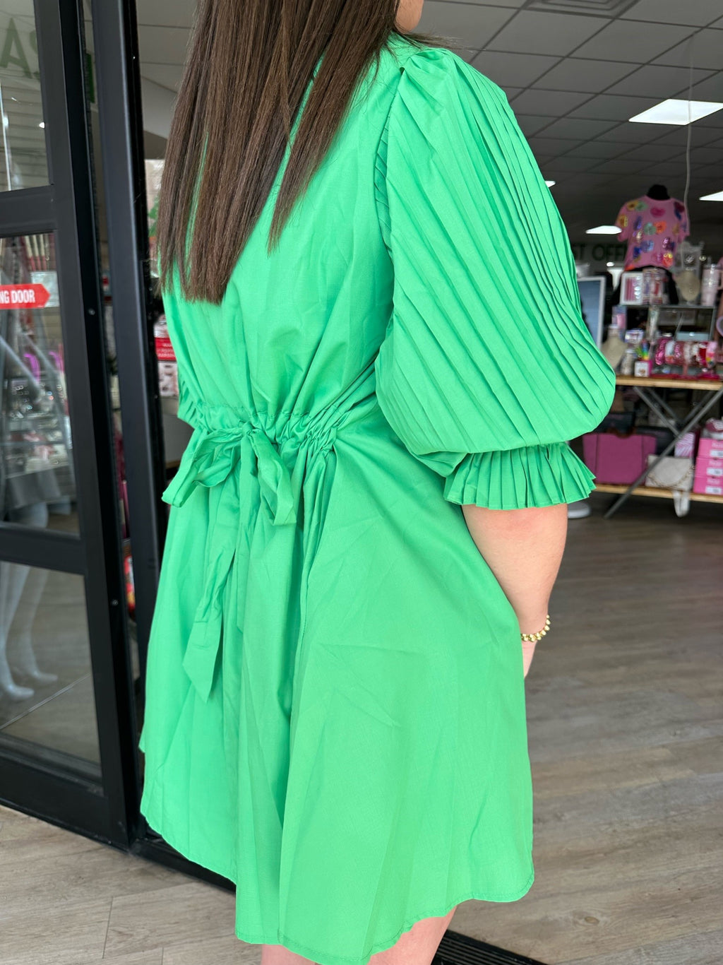 Green Goddess Dress with Pleated Sleeves & Waist Tie
