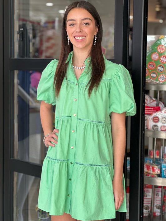 Spring Green Dress with Gold Buttons