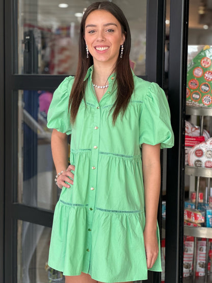 Spring Green Dress with Gold Buttons