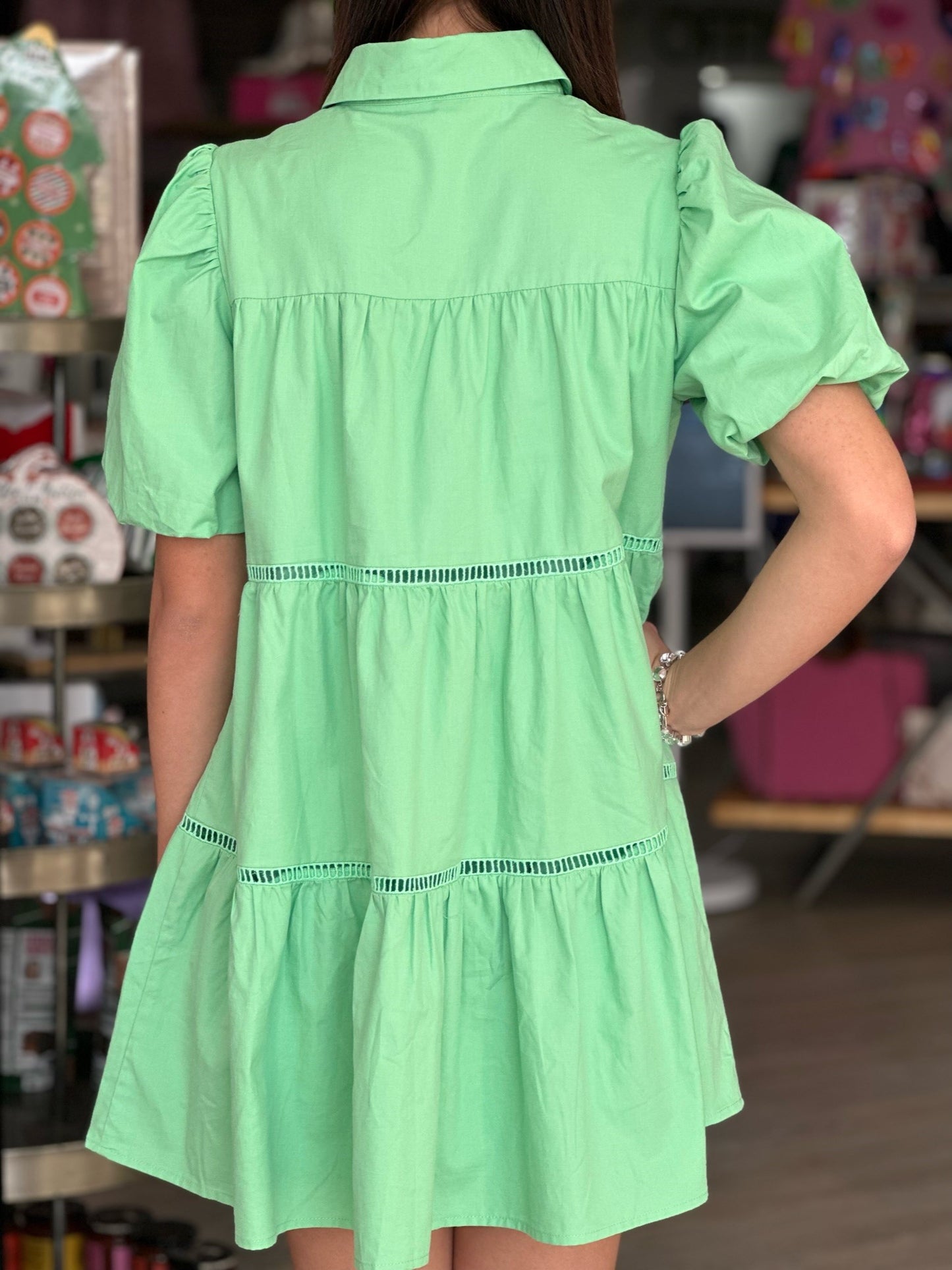 Spring Green Dress with Gold Buttons