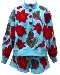 Aqua Poinsettia, Cardinal & Pine Cone Henley Set