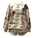 BEIGE BUCKING COWGIRL SWEATSHIRT AND SHORTS SET