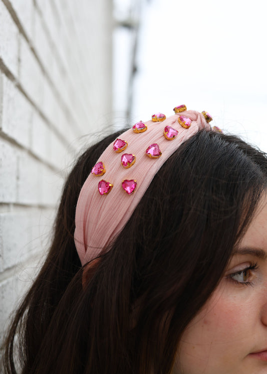 Brianna Cannon Pink Velvet Headband with Red Crystal Hearts