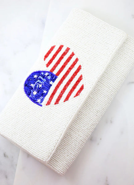 White Beaded Clutch with American Flag Heart