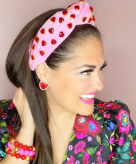 Brianna Cannon Pink Velvet Headband with Red Crystal Hearts